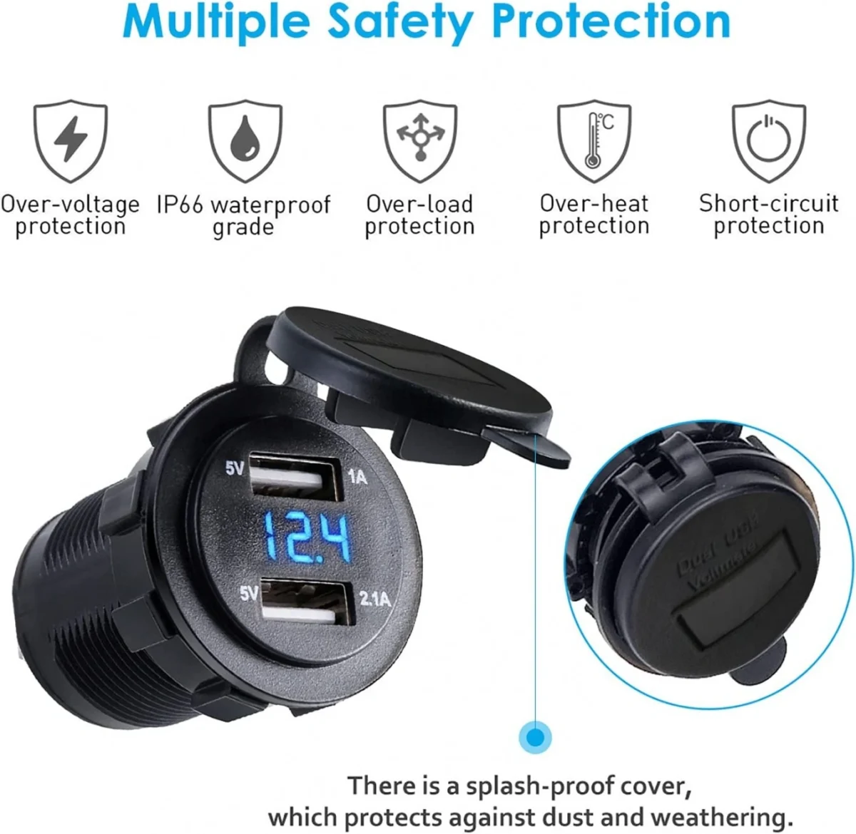 Διπλός USB Αδιάβροχος Φορτιστής & Βολτόμετρο έως 15V με LED Οθόνη - για Μηχανή / Μοτοσικλέτα & Σκάφος