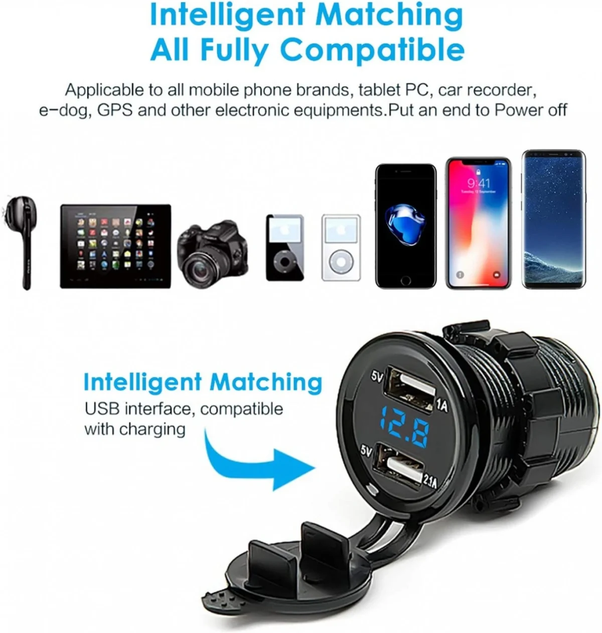 Διπλός USB Αδιάβροχος Φορτιστής & Βολτόμετρο έως 15V με LED Οθόνη - για Μηχανή / Μοτοσικλέτα & Σκάφος