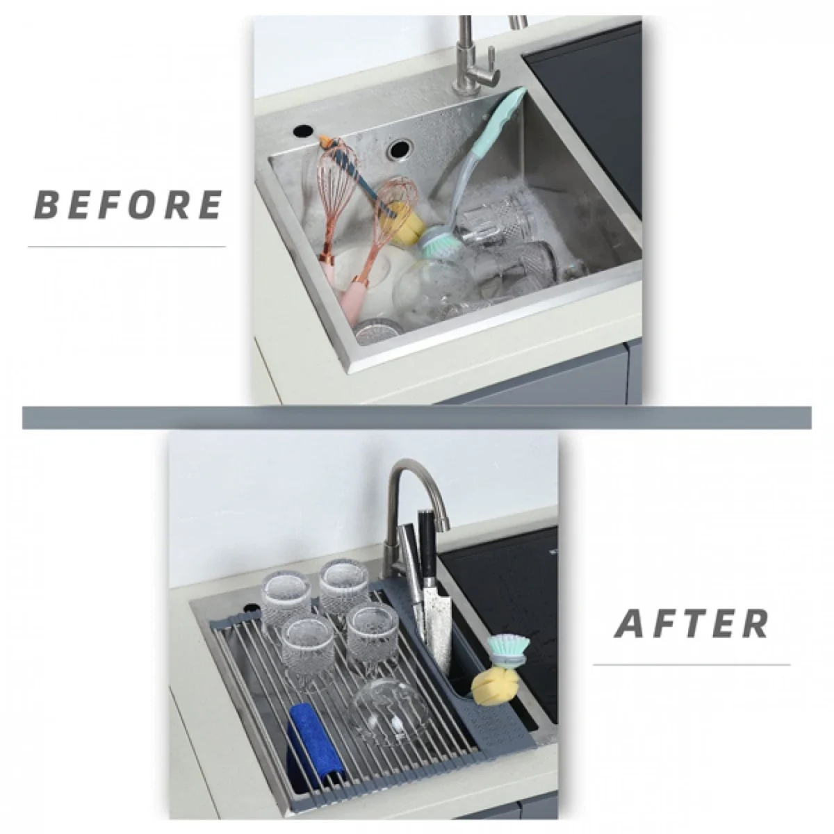 Αναδιπλούμενη Σχάρα Αποστράγγισης Σκευών σε Ρολό, Ανθεκτικό στη θερμότητα με Θήκη για Μαχαιροπίρουνα 44x33 cm