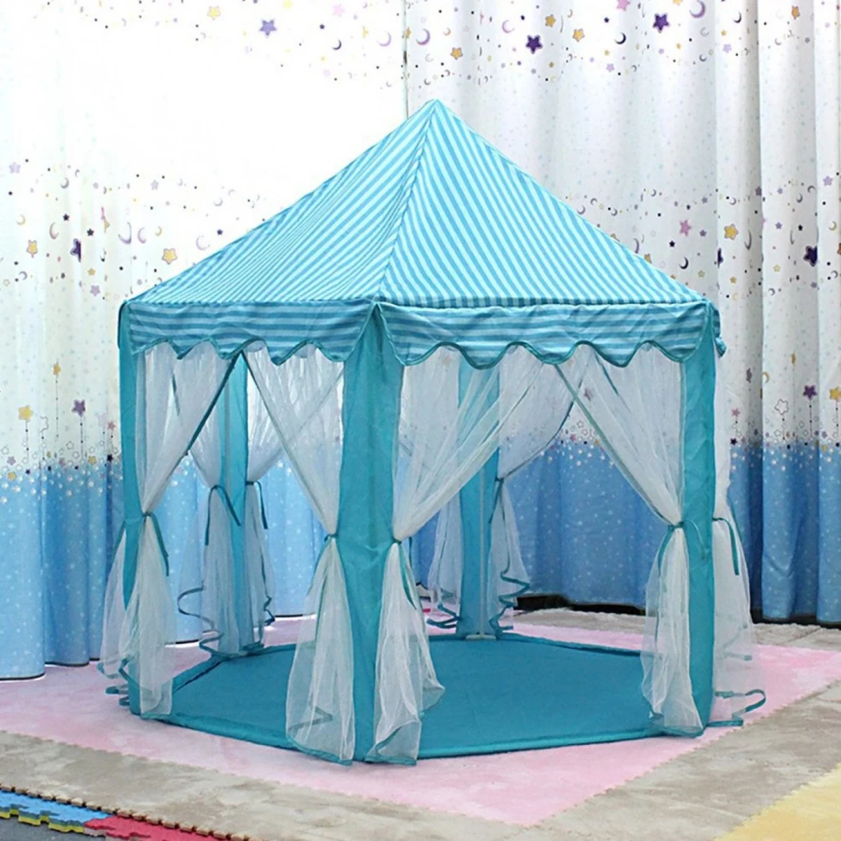 Εξαγωνική Παιδική Σκηνή - Κάστρο με 6 Εισόδους & Ημιδιαφανείς Κουρτίνες 135x140cm