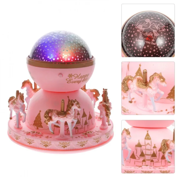 Παιδικό Διακοσμητικό Φωτιστικό Projector με Προβολή Αστεριών & Μουσική Ροζ Καρουζέλ
