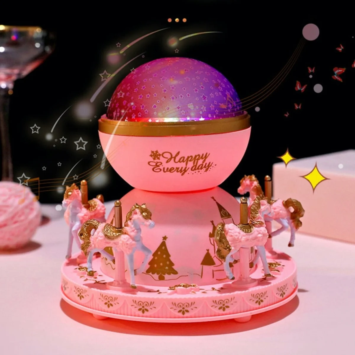 Παιδικό Διακοσμητικό Φωτιστικό Projector με Προβολή Αστεριών & Μουσική Ροζ Καρουζέλ