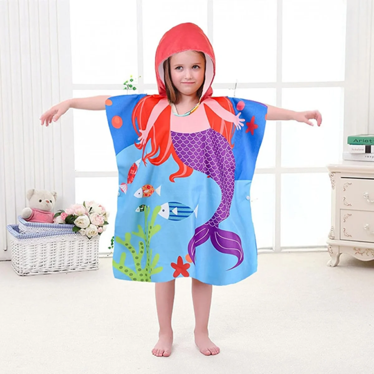 60x60 Χαριτωμένη Παιδική Πετσέτα Πόντσο με Μικροίνες & Κουκούλα 0-8 ετών