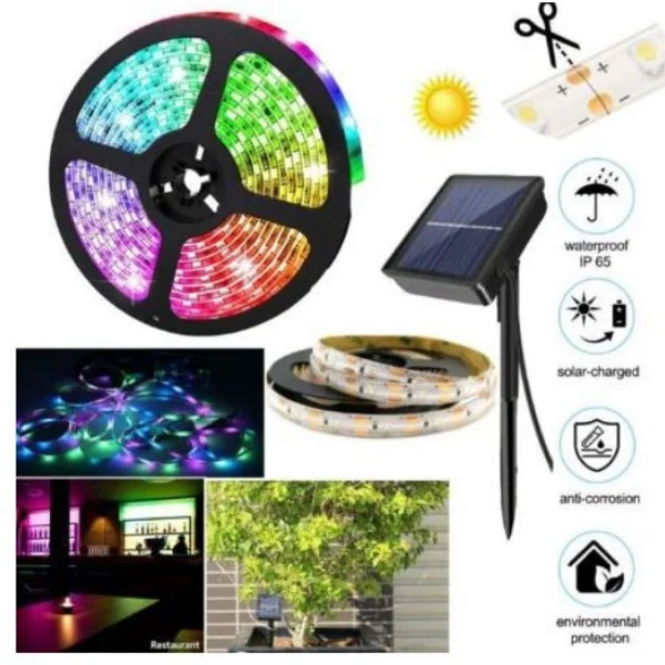 Αδιάβροχη Αυτόνομη RGB Ταινία LED 3528 SMD, με Ηλιακό Πάνελ & Τηλεχειριστήριο, RGB Ταινία Led 5 Μέτρων