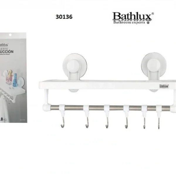 Ράφι με Άγκιστρα Μπάνιου 6 Θέσεων με Βεντούζα Λευκό Bathlux 30136