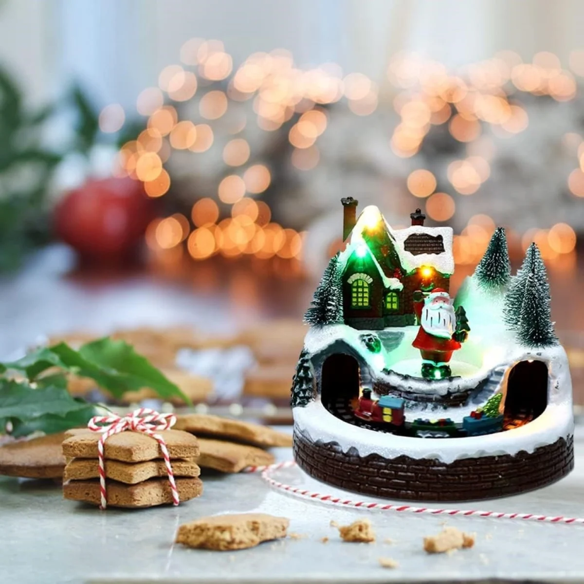Χριστουγεννιάτικο Φωτιζόμενο Χιονισμένο Χωριό με Σιδηρόδρομο, Αγιο Βασίλη & Μουσική 19x18x16cm