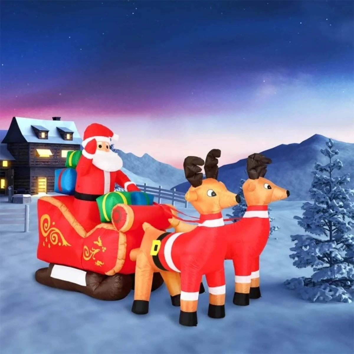 240cm Χριστουγεννιάτικος Φουσκωτός Φωτιζόμενος Άγιος Βασίλης με Έλκηθρο και Τάρανδους