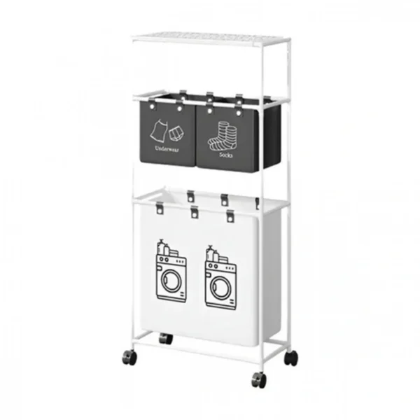 115x55x25cm Επιδαπέδια Μεταλλική Τροχήλατη Ραφιέρα Μπάνιου 3 Επιπέδων & Καλάθια Απλύτων Λευκή