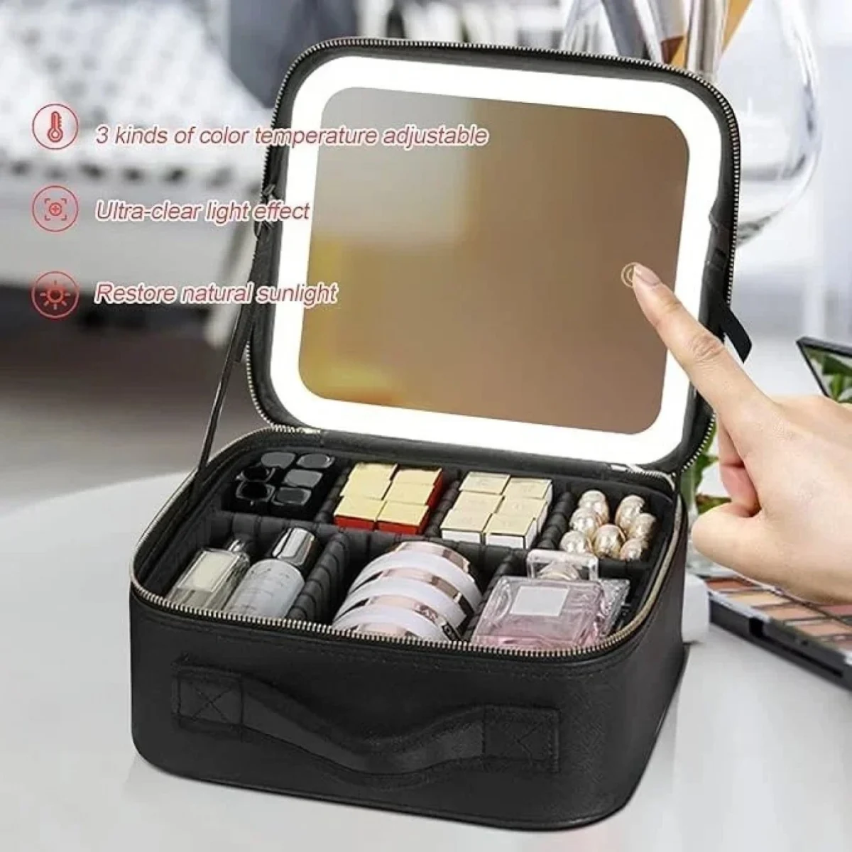 Βαλιτσάκι Μακιγιάζ από Συνθετικό Δέρμα με Επαναφορτιζόμενο LED Καθρέφτη 1200mAh 27x24x10cm