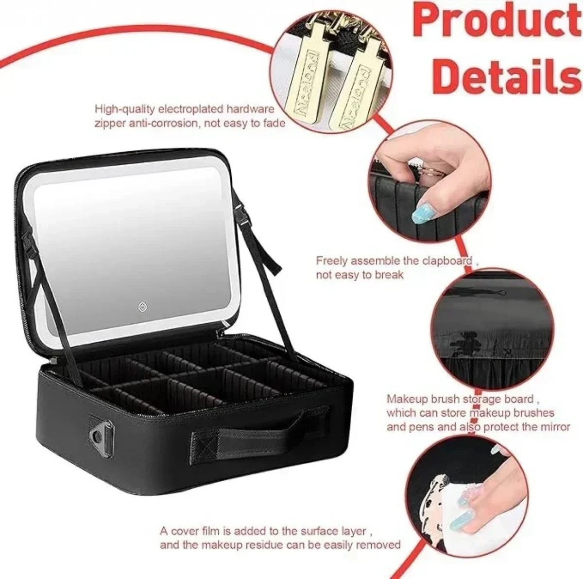 Βαλιτσάκι Μακιγιάζ από Συνθετικό Δέρμα με Επαναφορτιζόμενο LED Καθρέφτη 1200mAh 27x24x10cm