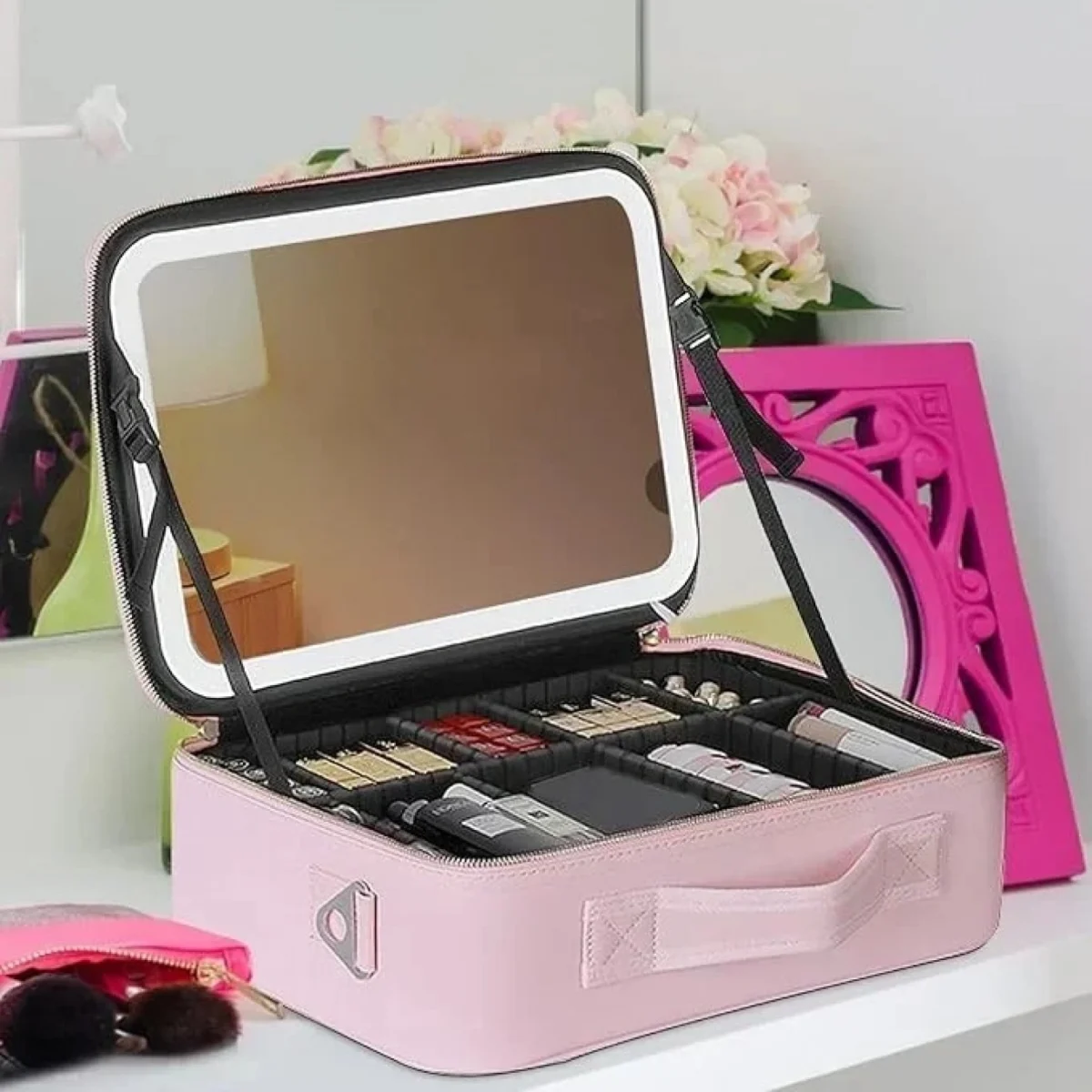 Βαλιτσάκι Μακιγιάζ από Συνθετικό Δέρμα με Επαναφορτιζόμενο LED Καθρέφτη 1200mAh 27x24x10cm