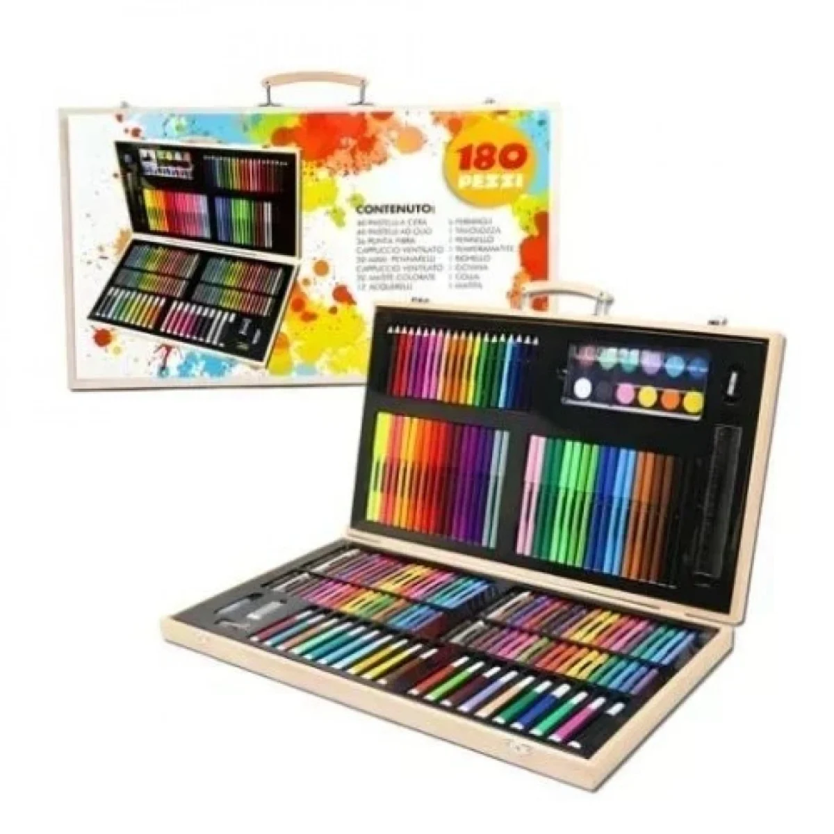 47.5×29.5×4.5cm Ολοκληρωμένο Σετ Δημιουργικής Ζωγραφικής Με Ξύλινη Βαλίτσα Μεταφοράς 180 Τεμαχίων