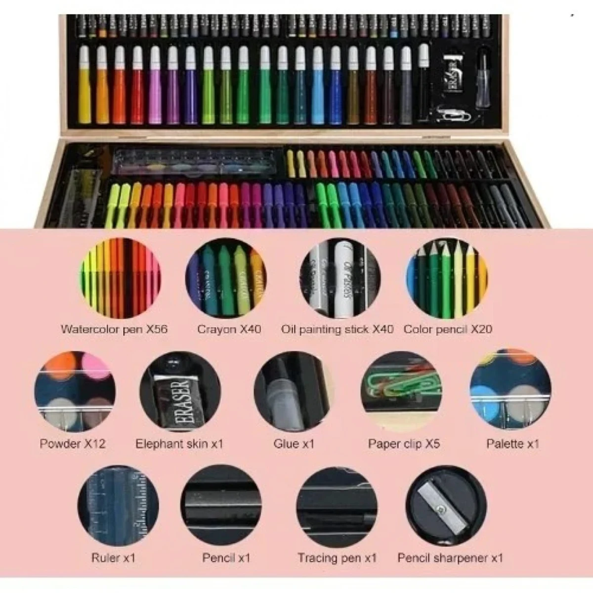 47.5×29.5×4.5cm Ολοκληρωμένο Σετ Δημιουργικής Ζωγραφικής Με Ξύλινη Βαλίτσα Μεταφοράς 180 Τεμαχίων