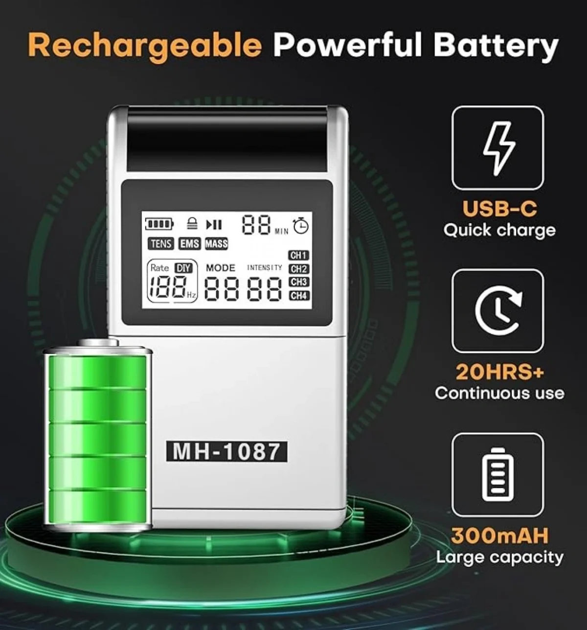 Επαναφορτιζόμενη Συσκευή Ηλεκτροδιέγερσης Μυών TENS/EMS 3 σε 1 με 4 Κανάλια, 48 Προγράμματα & USB-C - MH-1087