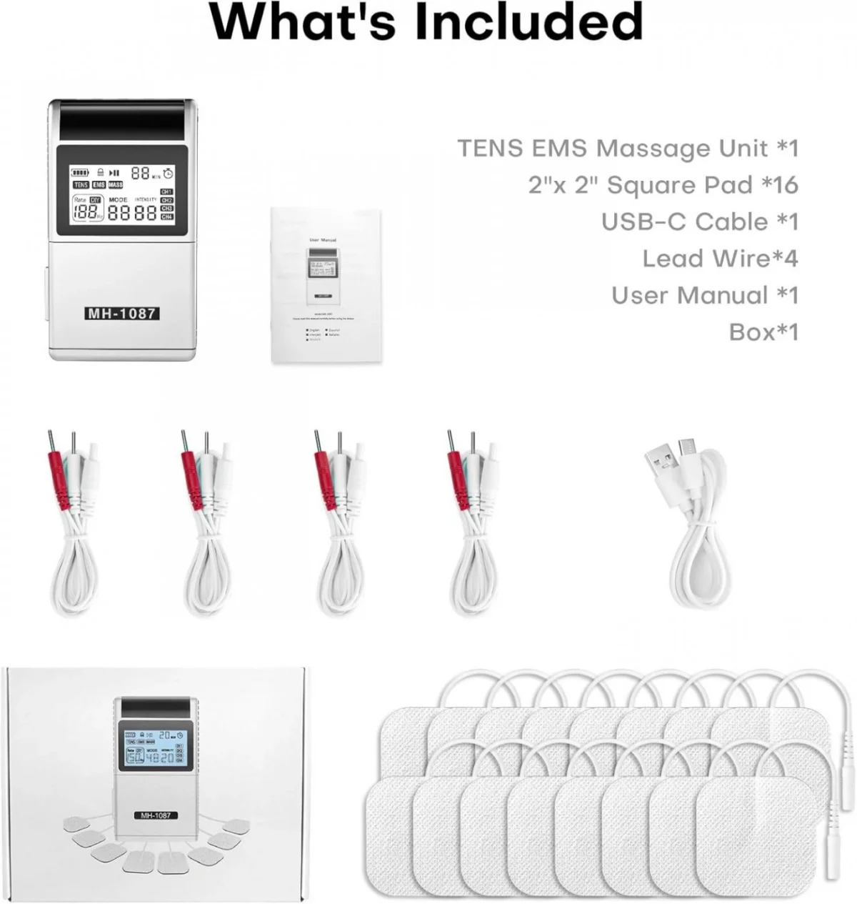Επαναφορτιζόμενη Συσκευή Ηλεκτροδιέγερσης Μυών TENS/EMS 3 σε 1 με 4 Κανάλια, 48 Προγράμματα & USB-C - MH-1087