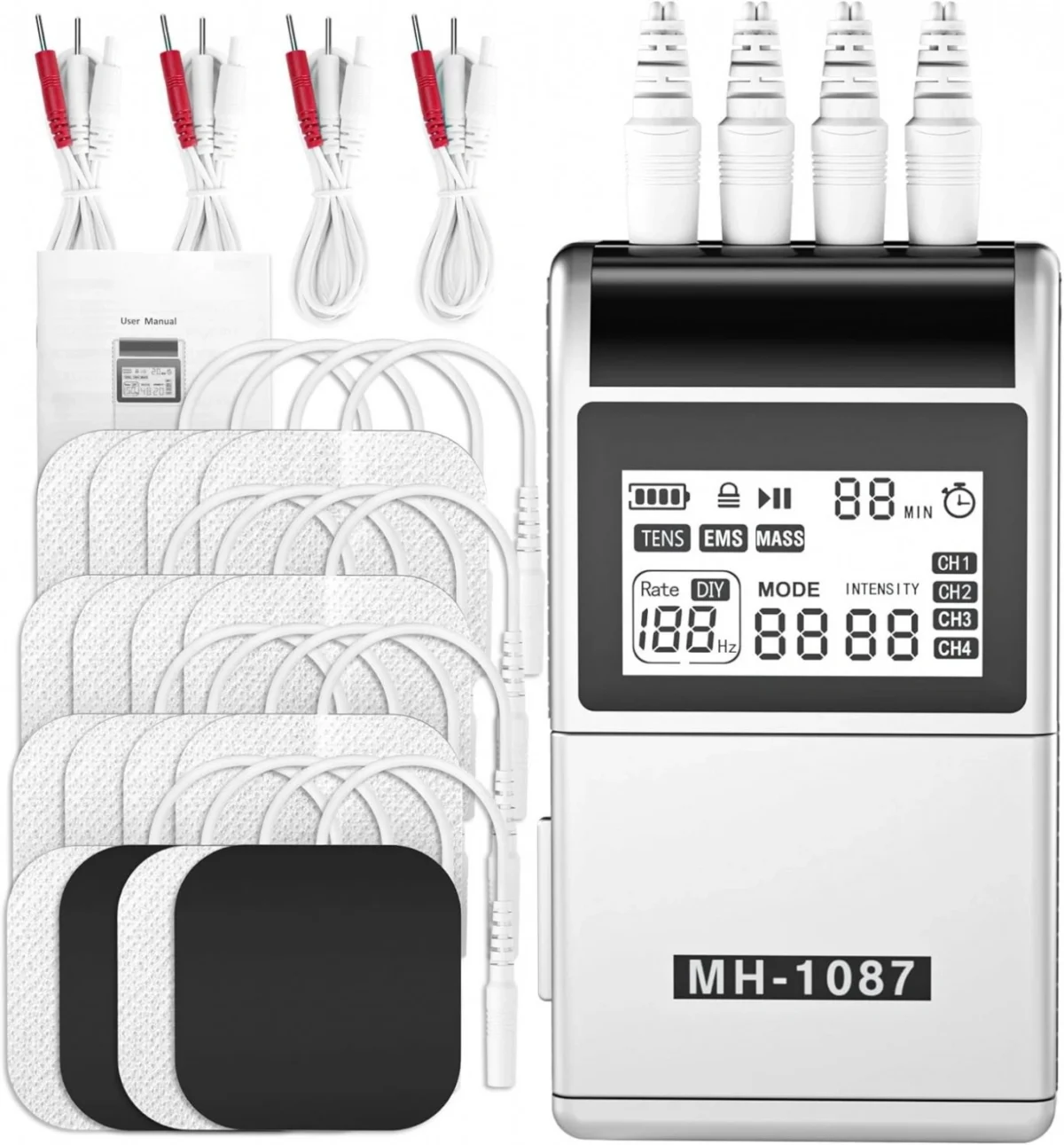 Επαναφορτιζόμενη Συσκευή Ηλεκτροδιέγερσης Μυών TENS/EMS 3 σε 1 με 4 Κανάλια, 48 Προγράμματα & USB-C - MH-1087